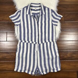 Pact Women's Size Large Blue White Mariner Stripe The Harbor Short Romper‎